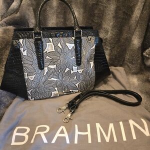 Brahmin Black & White Floral Arden Embossed Satchel with Croc Trim